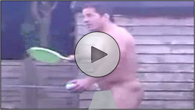 Naked rugby player in a garden