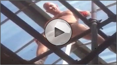 Naked scaffolder Gary climbs around showing his dick